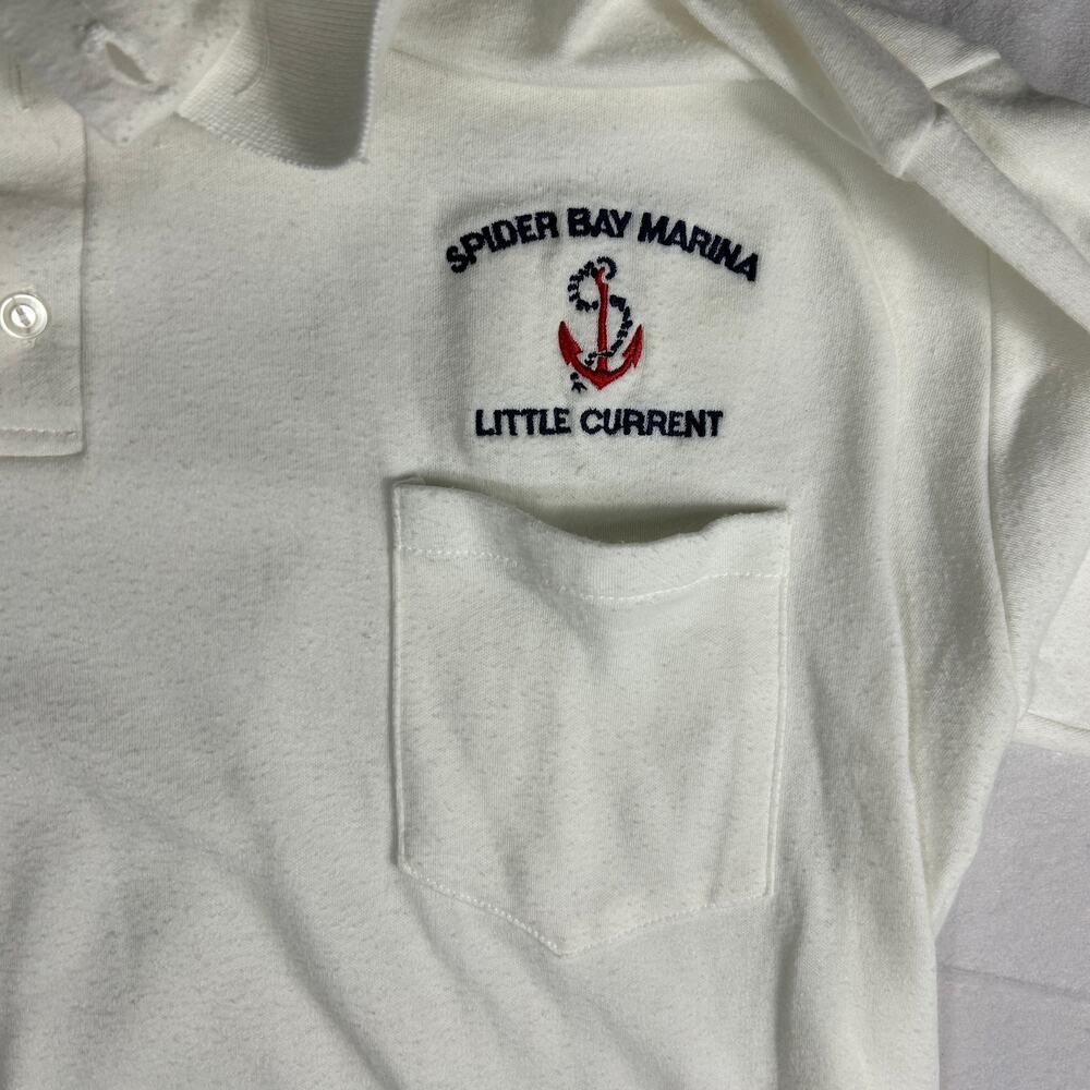 Vintage 90s Spider Bay Marina Little Current Polo Shirt, White Single Stitch, XL - Picture 3 of 13